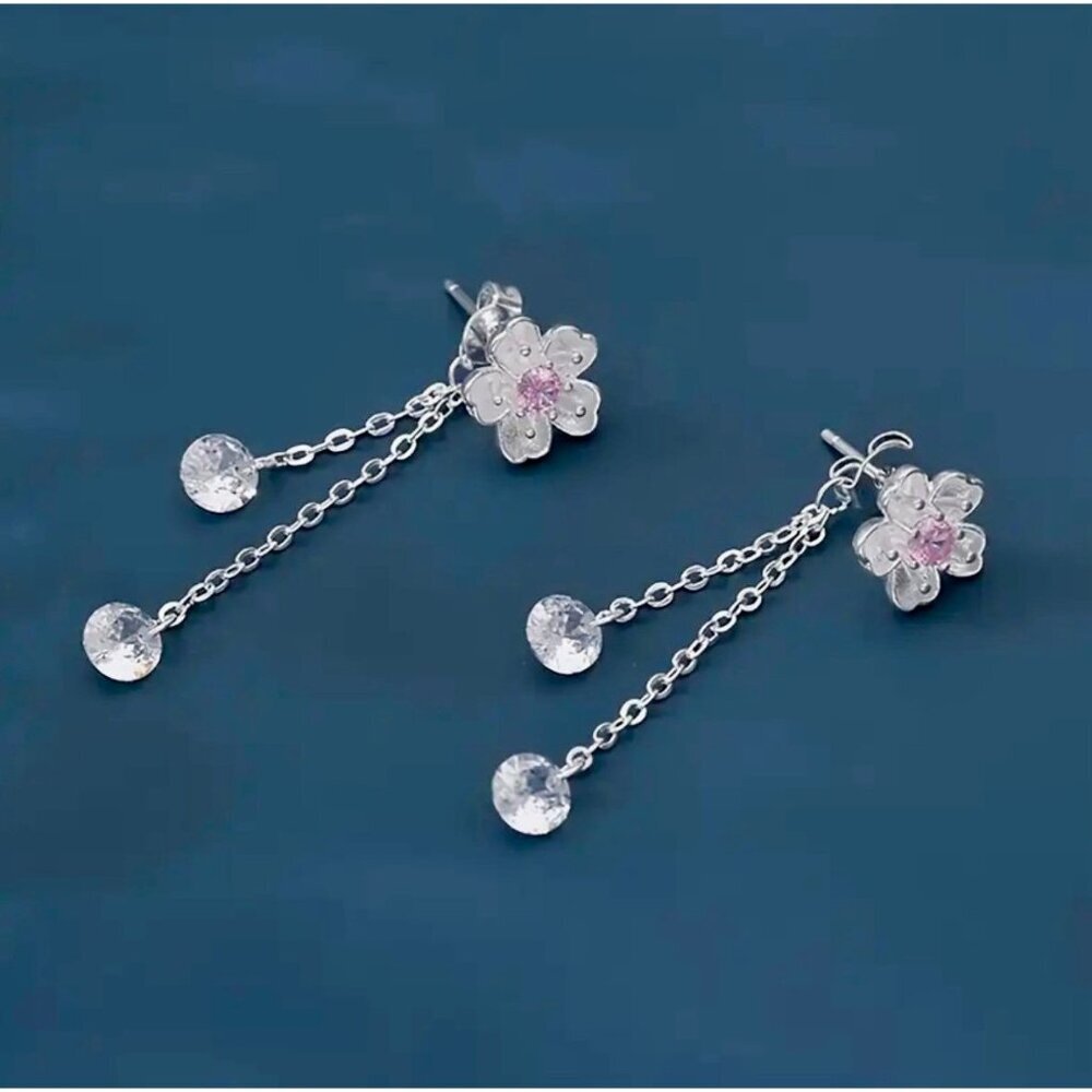 Sterling Silver Cherry Blossom Drop Earrings Pink Flower Chain Dangle Delicate
